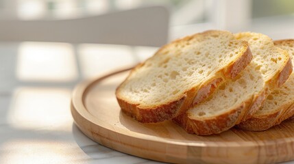 Naklejka premium French bread slices on wooden plate with blurred background