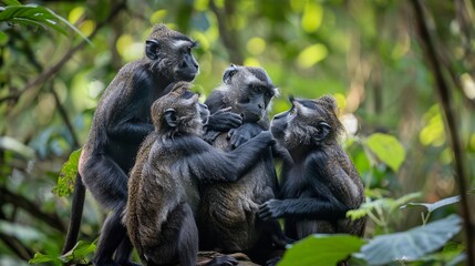 Obraz premium A group of monkeys grooming each other in the forest canopy and their social bonds and hierarchies evident in every interaction and gesture