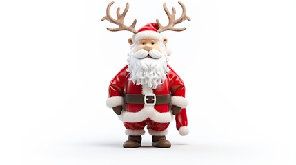 3D rendering of a cute Santa Claus with reindeer antlers. He is wearing a red suit with white trim and a red and white hat.