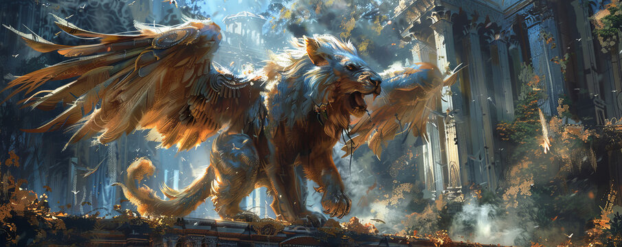 A mysterious griffin guarding a hidden treasure, its eagle head and lion body striking fear into the hearts of those who dare to approach.