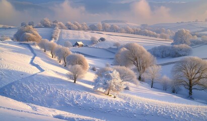 An idyllic winter countryside with rolling hills covered in snow, scattered trees dusted with frost, and a distant view of a cozy farmhouse