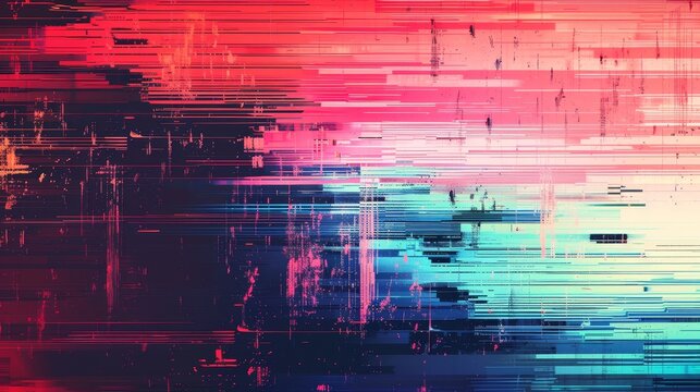 Abstract TV signal error static or VHS glitch effect with grunge texture overlay, distressed retro video pixel noise, chromatic dispersion, and aberration in high resolution 8K 16:9 3D rendering.