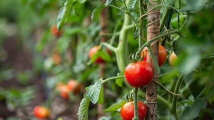 Organic, wooden-staked tomatoes growing in raised garden beds