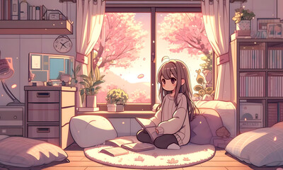部屋で本を読んでいる女の子のアニメ画像