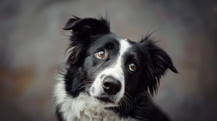 Border collie dog sitting and tilting its head, looking at the camera with a cute, inquisitive face