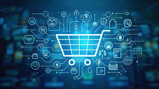 Blue background adorned with sleek digital icons representing online shopping technology