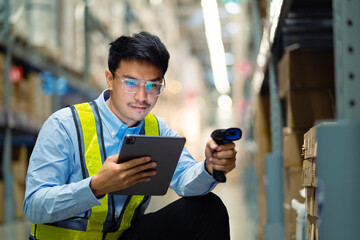 A man in a safety vest is using a tablet to scan a barcode