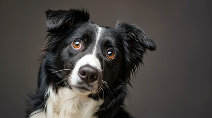 Border collie sitting and tilting its head, staring at the camera with a cute expression