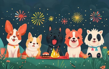 Fototapeta premium Cute cartoon dogs enjoying a picnic with a campfire and fireworks in the night sky, celebrating a fun night outdoors.