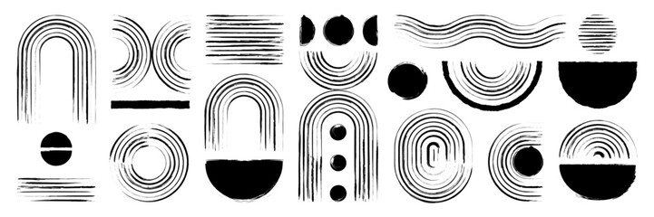 Hand drawn line geometric zen arch set. Black arc figure, circle shape with painting texture. Contemporary vector illustration.