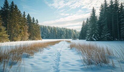A beautiful winter meadow with tall grasses peeking through the snow, bordered by a dense forest of evergreen trees