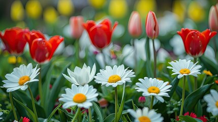 Fototapeta premium Close-up of daisies and tulips in spring, nature background