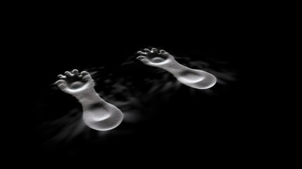 The image is a black and white photo of two feet walking on the surface of water.