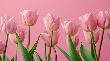 Close-up of pink tulips against a pink background, elegant for a birthday card