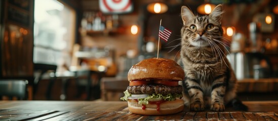 Curious Cat Meets Giant American Burger