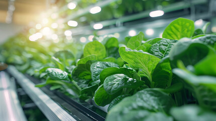 Inside the vertical farm, fresh green plants grow on tiered shelves, automatically provided with light and water.