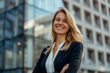 Fototapeta premium Smiling young businesswoman in a black blazer and white blouse standing confidently in front of a modern glass office building