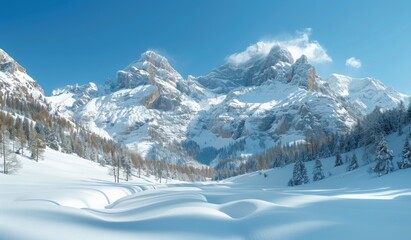 A breathtaking mountain landscape with towering peaks blanketed in snow, a clear blue sky, and a pristine snowfield in the foreground