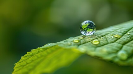 Droplet on a green leaf, earth globe in the background, emphasizing climate action