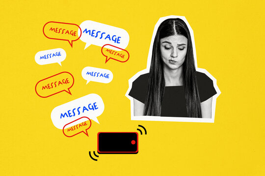 Composite photo collage of sad tired girl pouted lips phone ring pile message notification text box bubble isolated on painted background