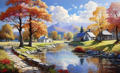 Obraz premium An autumn trees with orange yellow leaves near river, artistic vision of beautiful autumn landscape, oil painting on canvas 