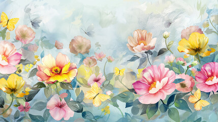 Watercolor painting of colorful flowers of July A mix of bright colors of light blue, pink, yellow, light green leaves. Tiny butterflies and bees