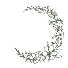 Round floral wreath frame with hand drawn flowers and leaves decoration