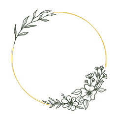 Round floral wreath frame with hand drawn flowers and leaves decoration