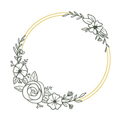 Round floral wreath frame with hand drawn flowers and leaves decoration