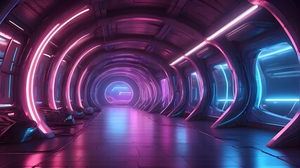 futuristic, sci-fi tunnel with neon lights that glows