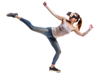 Active young woman throwing a kick in a vr 
game against a white background