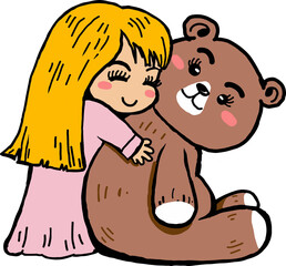 A girl happily hugs a teddy bear