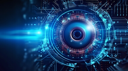 Advanced Cybernetic Eye Concept. A high-tech illustration of a cybernetic eye with intricate circuitry and futuristic design, perfect for themes related to cybersecurity, artificial intelligence