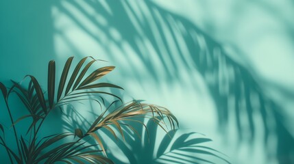 A plant's leaves and the shadows they cast on a teal-colored background create a tranquil, tropical atmosphere