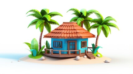 A small, blue beach hut sits on a sandy island. The hut has a thatched roof and a wooden deck. There are two palm trees in front of the hut.