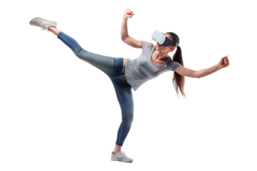 Active young woman throwing a kick in a vr 
game against a white background
