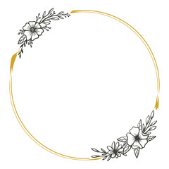 Round floral wreath frame with hand drawn flowers and leaves decoration