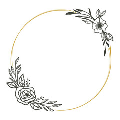 Round floral wreath frame with hand drawn flowers and leaves decoration