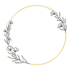 Round floral wreath frame with hand drawn flowers and leaves decoration