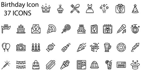 Set of birthday icons. Line art style icons bundle. vector illustration