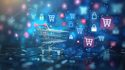 Online shopping technology icons creatively placed on a contemporary blue backdrop