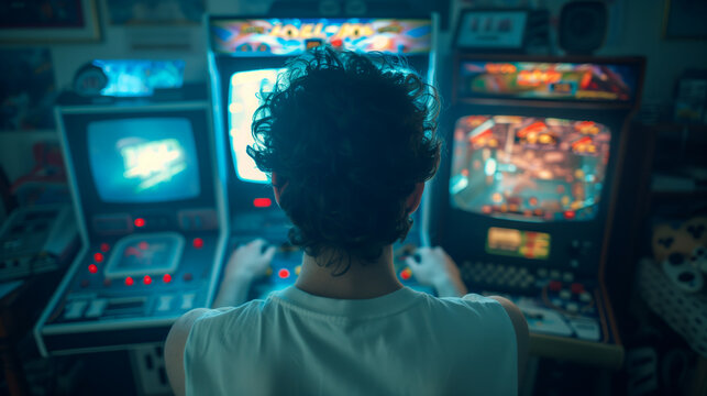 Gamer playing retro arcade games on a vintage cabinet machine in a nostalgic gaming room