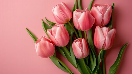 Obraz premium Pink tulip bouquet on a pastel pink background, perfect for a birthday card