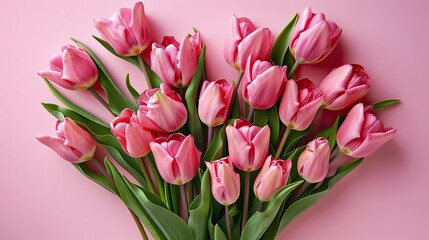 Pink tulips arranged in a heart shape on a pink background, romantic and festive