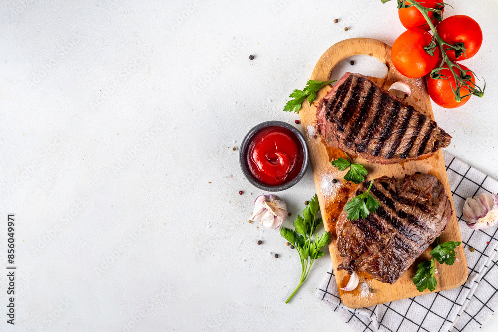 Wall mural Grilled beef steak on wooden cutting board with ketchup sauce and condiments, top view copy space