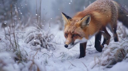 Fototapeta premium A Red Fox Goes for a Walk in the Winter