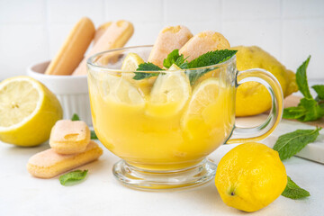 Lemon Pudding Dessert on Glass cup. Layered parfait dessert with cookies and lemon slices, copy space