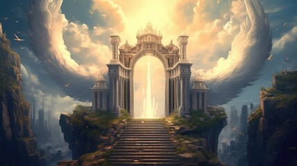 The picture of fantasy heaven gate, the light and creature with wing. AIG35.