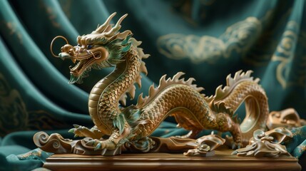 Fototapeta premium Golden Dragon Figurine on Green Silk Fabric, Generative AI
