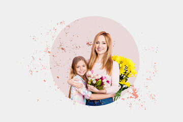 Composite collage picture image of cute family daughter hugging mom celebrate mother day unusual fantasy billboard comics zine
